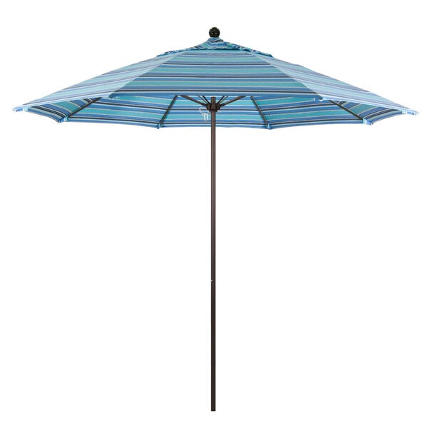 A blue and white striped California Umbrella with a bronze metal pole.