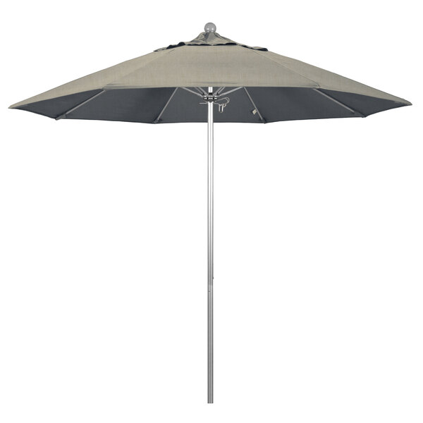 A California Umbrella ALTO round umbrella with a silver pole and grey canopy.