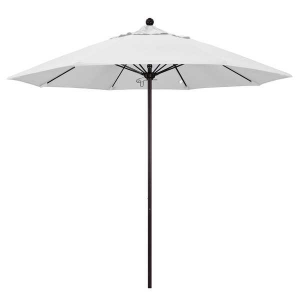 A white umbrella with a bronze pole on a white background.