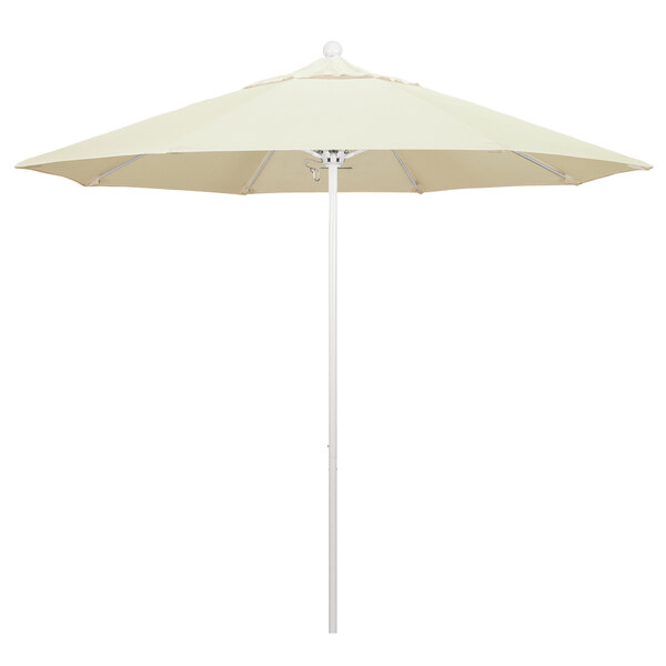 A close up of a white California Umbrella with a Pacifica canopy.