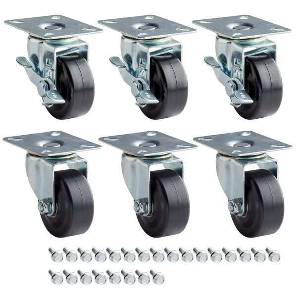 A set of 6 Avantco plate casters with black rubber wheels and metal bolts.