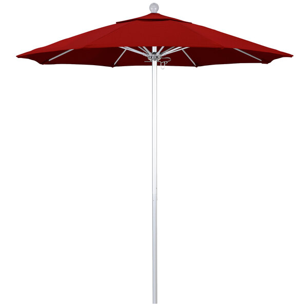 A close-up of a red California Umbrella with a Pacifica canopy.