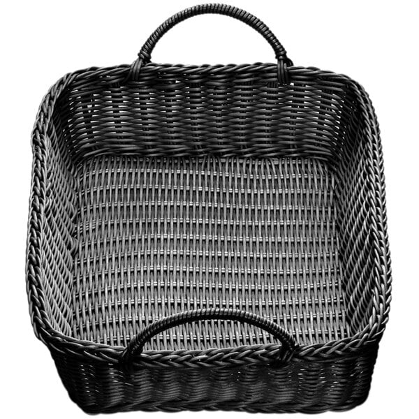 A black rectangular rattan basket with handles.