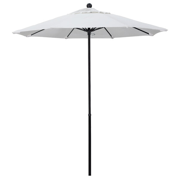A white California Umbrella with Sunbrella Natural fabric on a black pole.