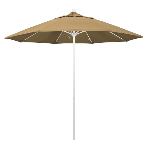 A straw-colored California Umbrella with a brown canopy.