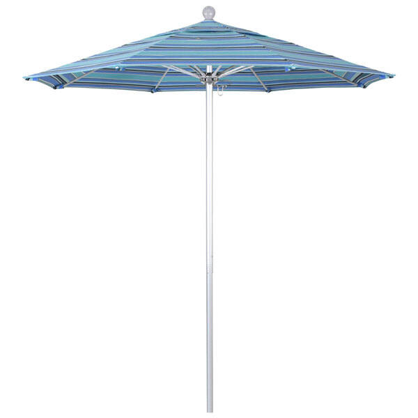 A California Umbrella with blue and white striped Sunbrella canopy on a silver aluminum pole.