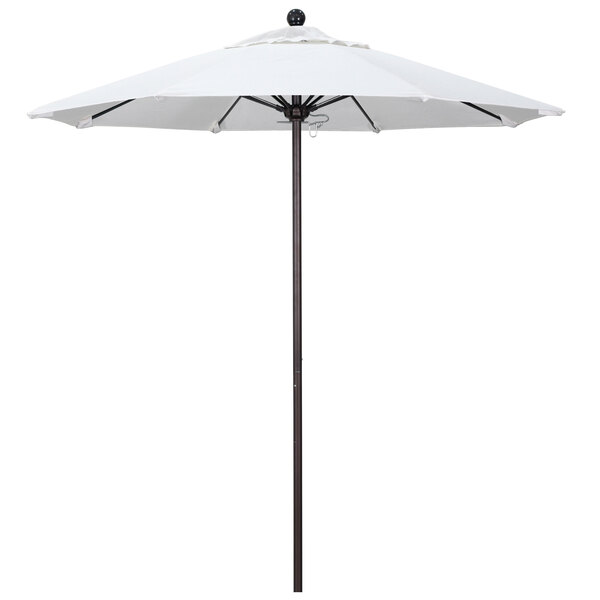 A white California Umbrella with a Sunbrella Natural canopy on a bronze pole.