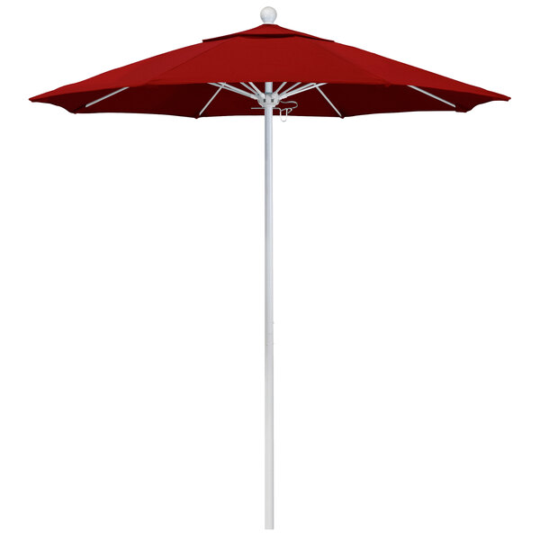 A close-up of a red California Umbrella with a Pacifica canopy on a white pole.