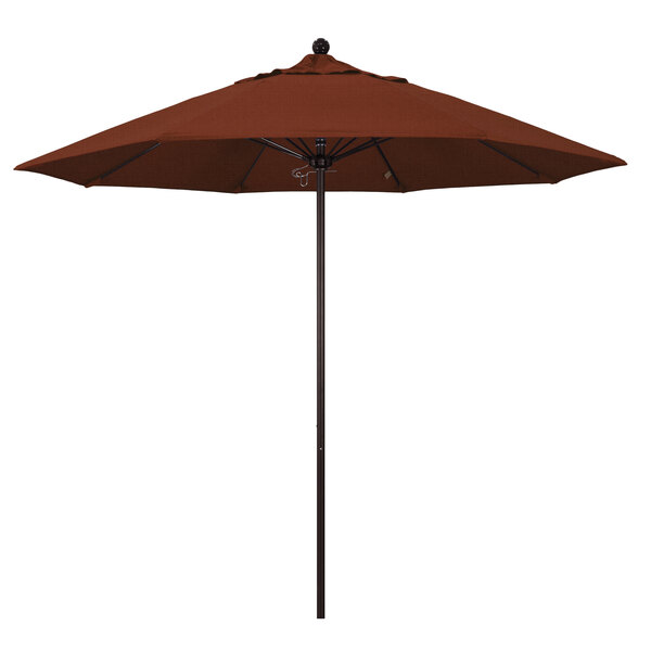 A brown California Umbrella with a bronze pole on a white background.