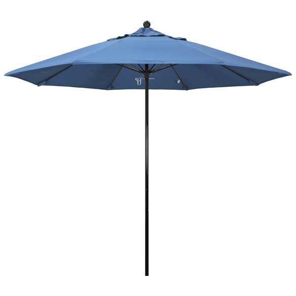 A frost blue California Umbrella with a black pole on a white background.