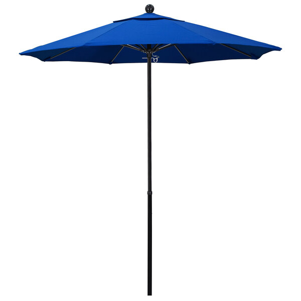 A California Umbrella blue round umbrella with a black pole on a white background.