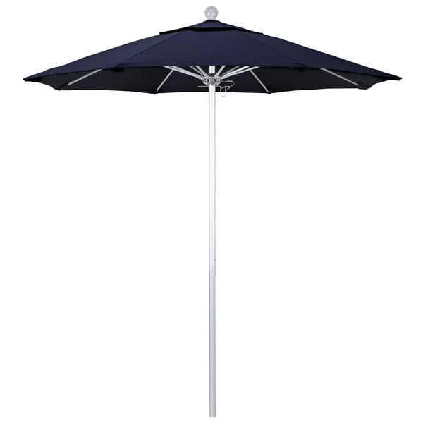 A navy California Umbrella with a silver pole.