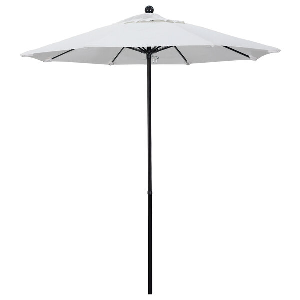 A white California Umbrella with a natural fabric canopy on a black pole.