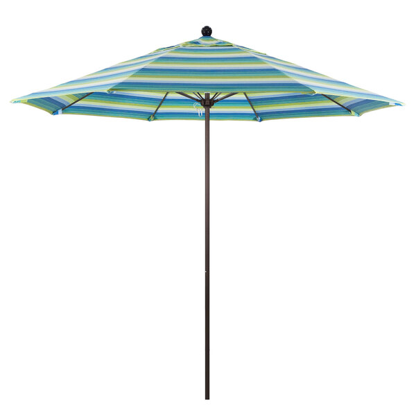 A California Umbrella with blue and green stripes and a bronze metal pole.