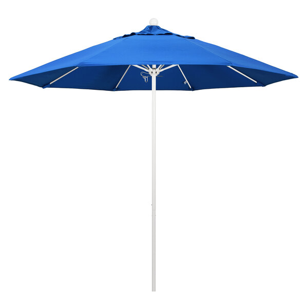 A royal blue California Umbrella with a white pole.