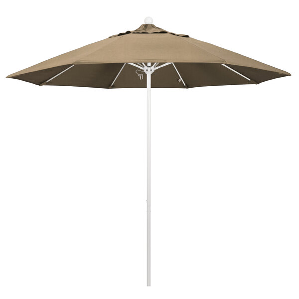 A California Umbrella ALTO round umbrella with a matte white pole and heather beige canopy.