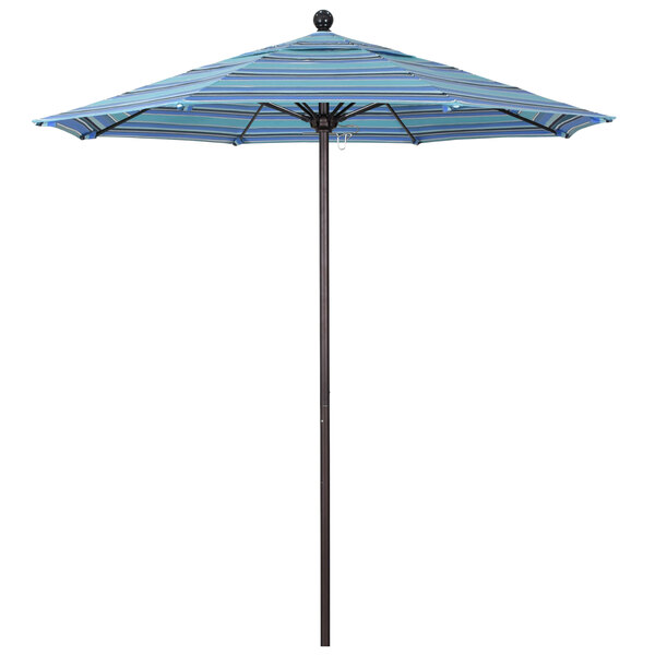 A blue and black striped California Umbrella with a bronze aluminum pole and Dolce Oasis Sunbrella canopy.