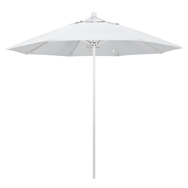 A close up of a California Umbrella ALTO round outdoor umbrella with a white pole and Pacifica canopy.