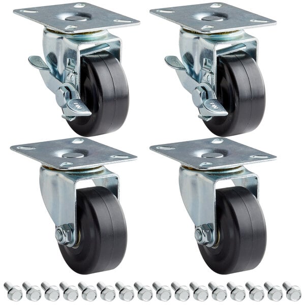 A set of 4 Avantco swivel plate casters with black rubber wheels and mounting hardware.