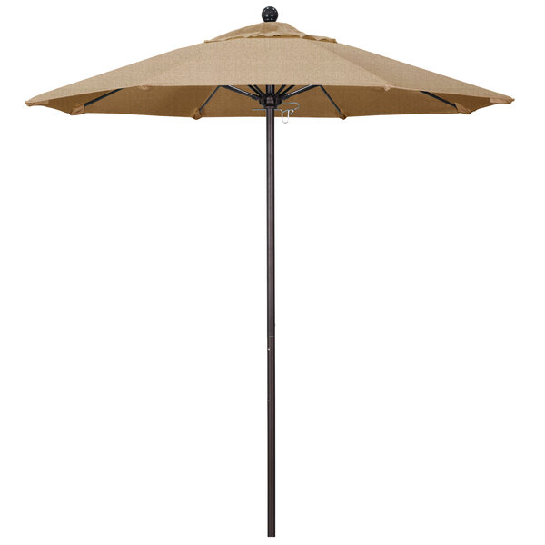 A tan California Umbrella with a bronze pole and Heather Beige Sunbrella fabric.