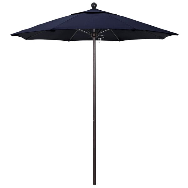 A navy California Umbrella with a bronze pole.