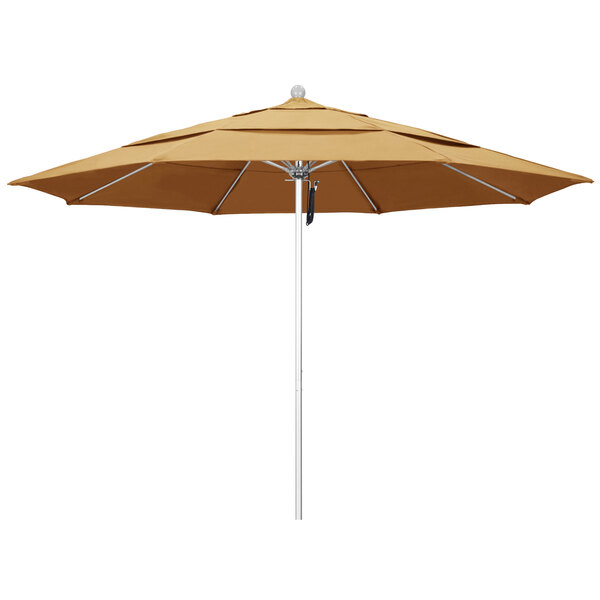 A brown California Umbrella with a tan Sunbrella canopy on a white background.