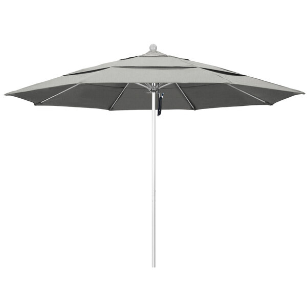 A grey umbrella with a silver pole.