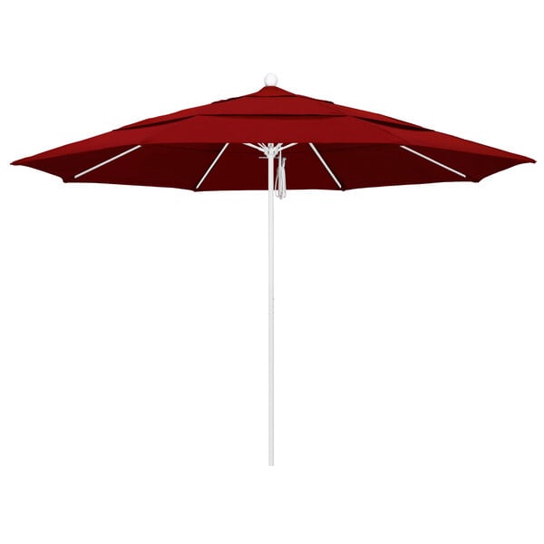 A California Umbrella ALTO round outdoor table umbrella with a Jockey Red Sunbrella canopy and white pole.