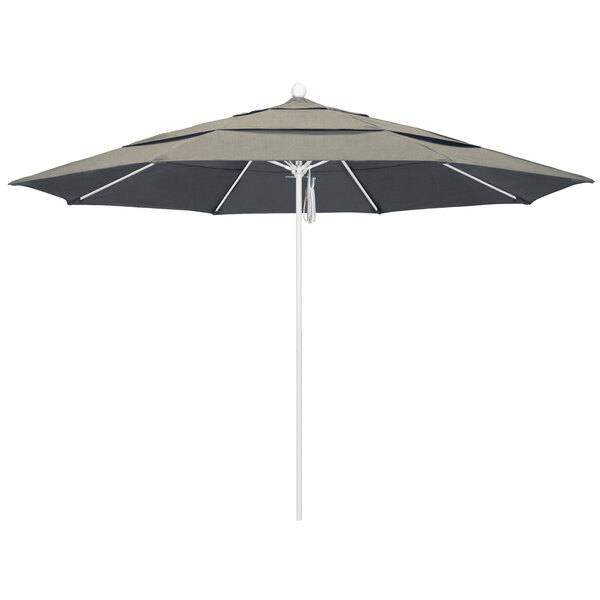 A black and white California Umbrella with a white pole.