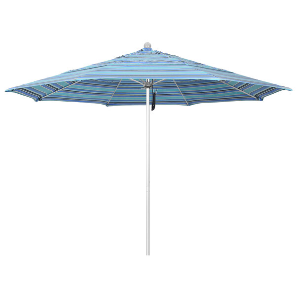 A blue and white striped California Umbrella ALTO table umbrella.