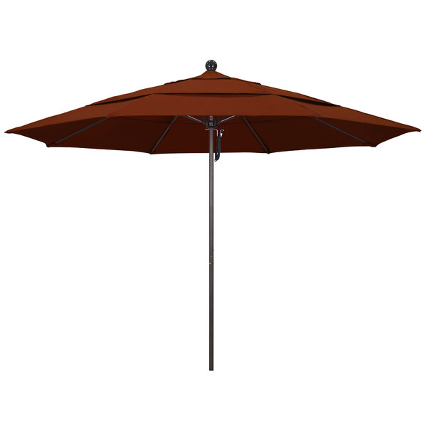 A brown California Umbrella with a bronze pole and Pacifica brick fabric canopy.