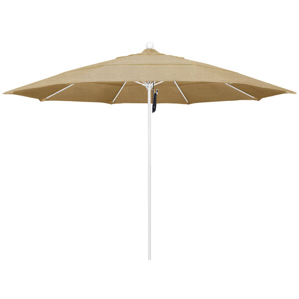 A tan California Umbrella with a white pole and beige canopy.