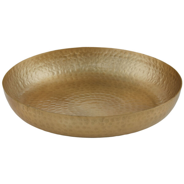 An American Metalcraft 14" round gold hammered aluminum seafood tray with a textured surface.