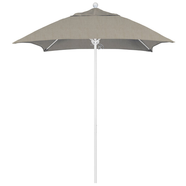 A California Umbrella square outdoor umbrella with a white pole and beige canopy.