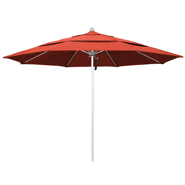A red California Umbrella with a Sunset Sunbrella canopy.