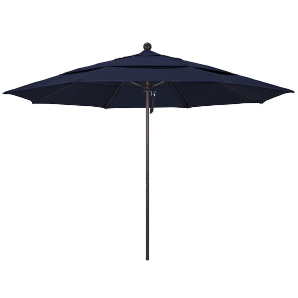 A navy blue California Umbrella with a bronze pole.