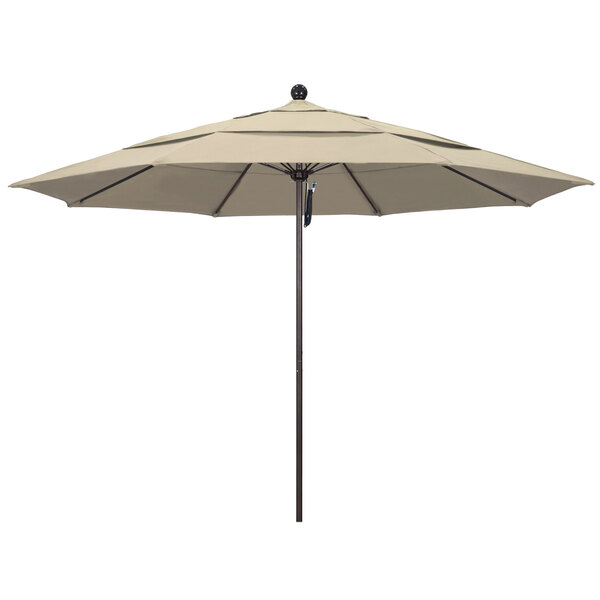 A California Umbrella round outdoor umbrella with a bronze pole and an antique beige canopy.