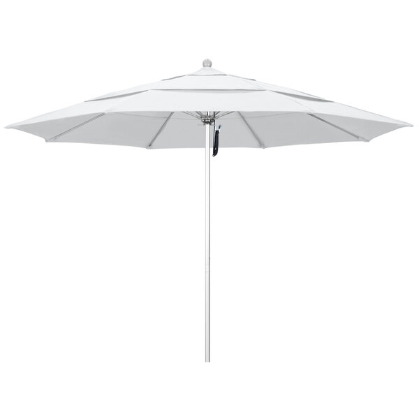 A close up of a California Umbrella with a natural fabric canopy in white.