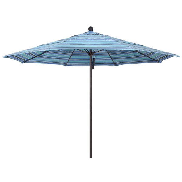 A blue and white striped umbrella with a blue pole.
