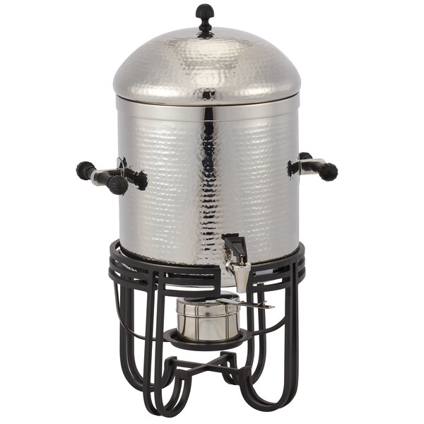 An American Metalcraft stainless steel coffee chafer urn with a metal stand.