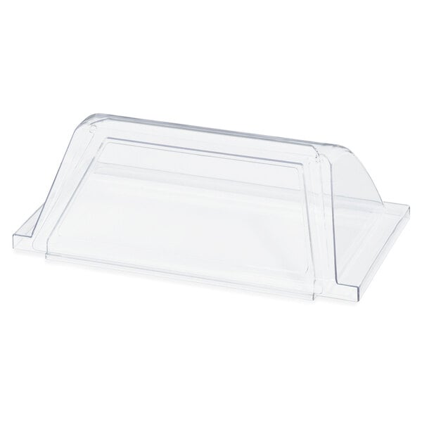 A Vollrath clear plastic sneeze guard with a lid on a counter.