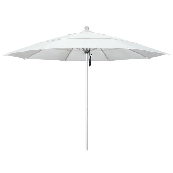 A white California Umbrella with a silver pole and Sunbrella Natural canopy.