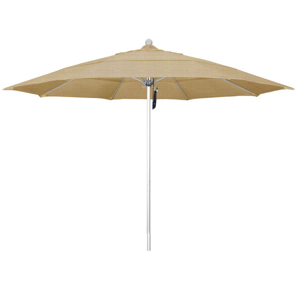 A tan umbrella with a silver pole and Sunbrella linen sesame fabric.