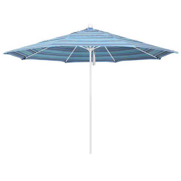 A California Umbrella with blue and white striped Sunbrella canopy.