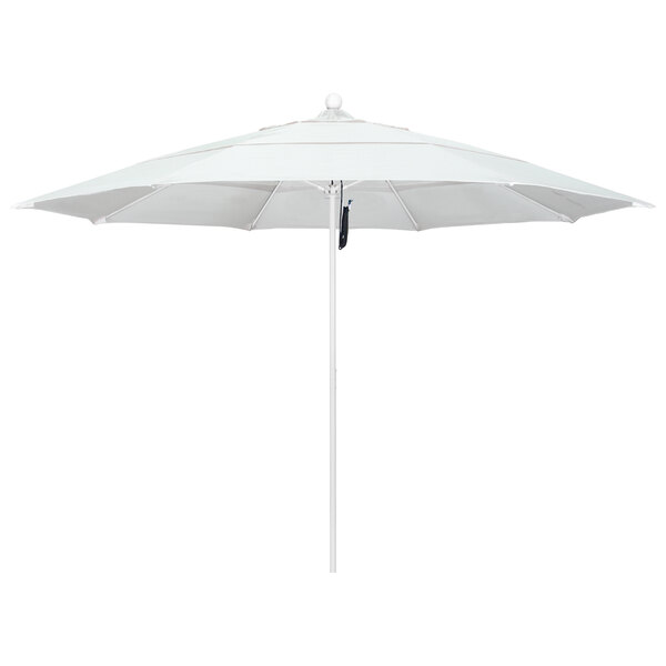 A white California Umbrella with a round top and a white pole.