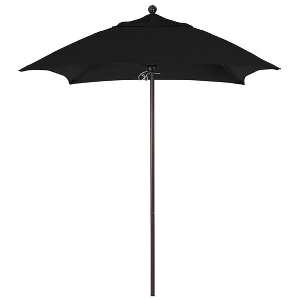 A black California Umbrella with a bronze aluminum pole on a white background.
