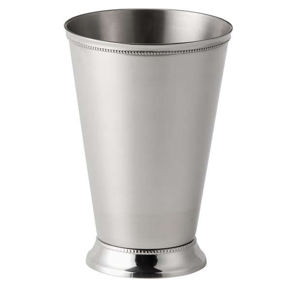 An American Metalcraft stainless steel mint julep cup with beaded trim.