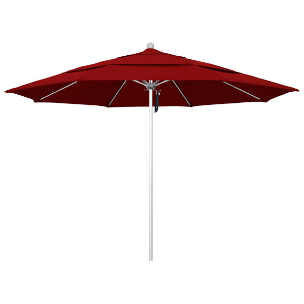 A close-up of a red California Umbrella with Sunbrella Jockey Red fabric.
