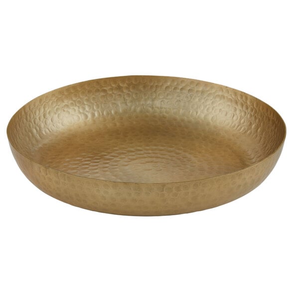 An American Metalcraft 12" round gold hammered aluminum seafood tray with a textured surface.