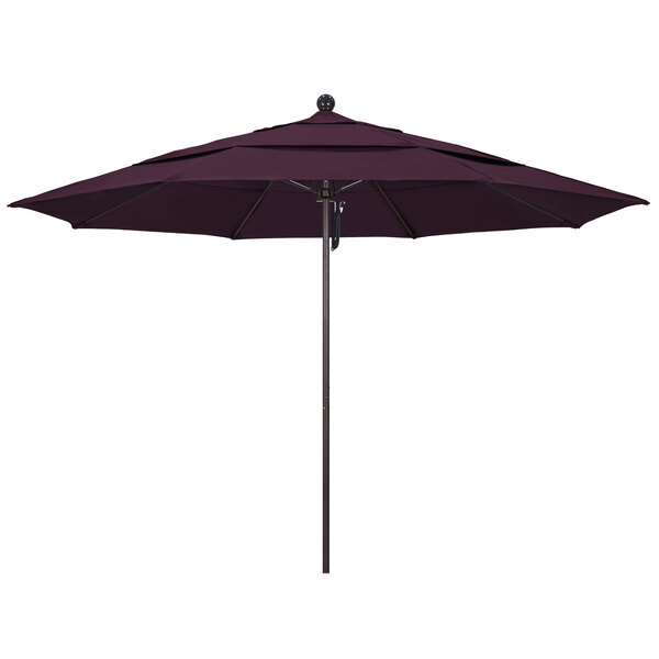 A purple California Umbrella with a bronze pole.